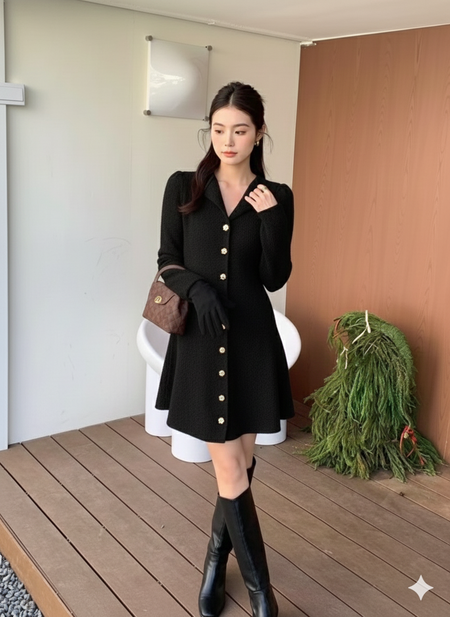 Piera Luxe Mini Dress - full-length front shot, black - Miss Mosa By Akanksha