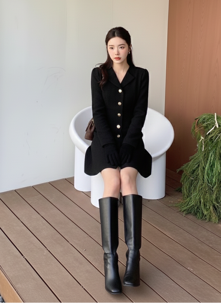 Piera Luxe Mini Dress - seated full-length shot, black - Miss Mosa By Akanksha