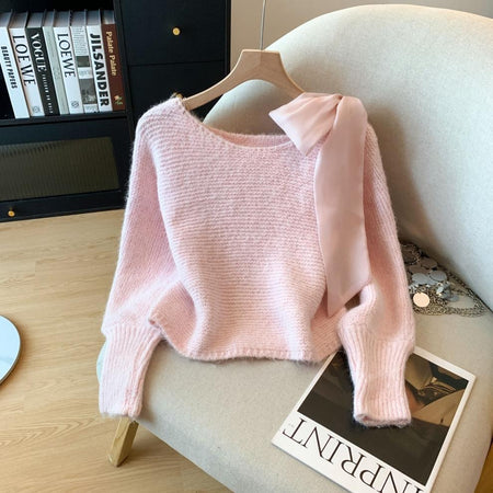 Pierre Premium Bow Sweater - flat-lay styled shot, light pink - Miss Mosa By Akanksha