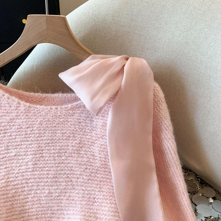 Pierre Premium Bow Sweater - shoulder bow detail shot, light pink - Miss Mosa By Akanksha
