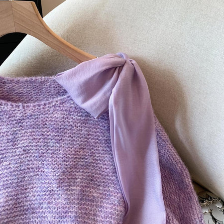 Pierre Premium Bow Sweater - shoulder bow detail shot, lilac purple - Miss Mosa By Akanksha