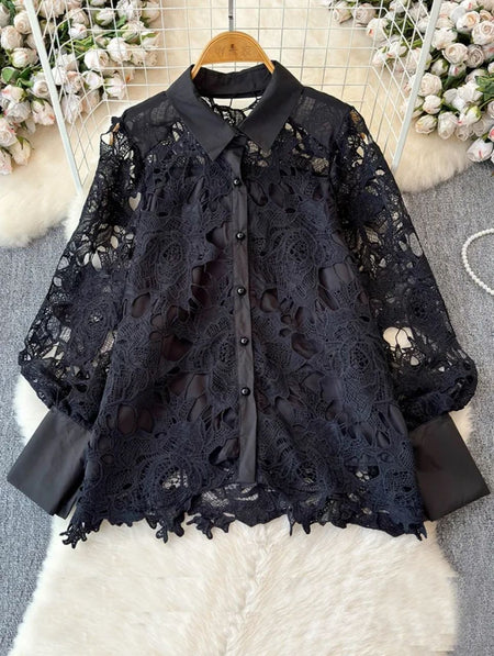 Pilbury Luxury Lace Blouse In Black - flat-lay product shot of lace blouse on hanger - Miss Mosa By Akanksha