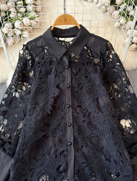 Pilbury Luxury Lace Blouse In Black - close-up flat-lay of collar and lace bodice - Miss Mosa By Akanksha
