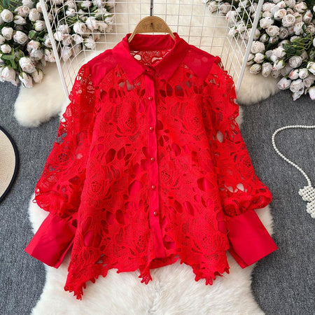 Pilbury Luxury Lace Blouse In Red - flat-lay product shot on hanger - Miss Mosa By Akanksha