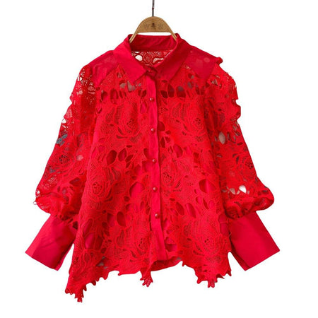Pilbury Luxury Lace Blouse In Red - flat-lay product shot on hanger - Miss Mosa By Akanksha
