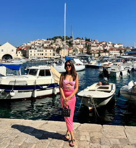 Pink Martini Glam Maxi Dress - lifestyle shot on model, pink - Miss Mosa By Akanksha