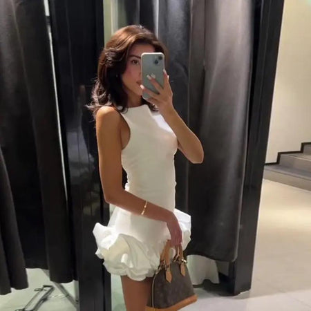 Piony Statement Ruffled Dress - side mirror shot on model, white - Miss Mosa By Akanksha