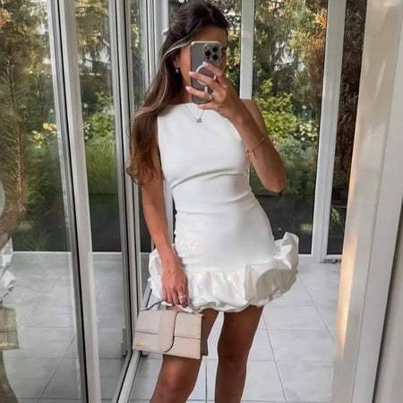 Piony Statement Ruffled Dress - front mirror shot on model, white - Miss Mosa By Akanksha