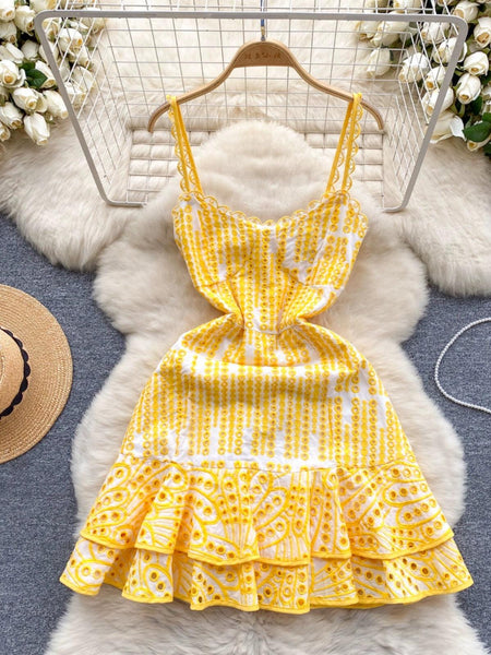 Pisa Luxe Summer Dress - front shot on hanger, yellow - Miss Mosa By Akanksha
