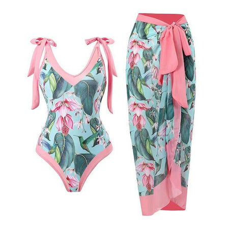 Plush Pink Swimsuit with Sarong - flat-lay product shot, multicolour - Miss Mosa By Akanksha