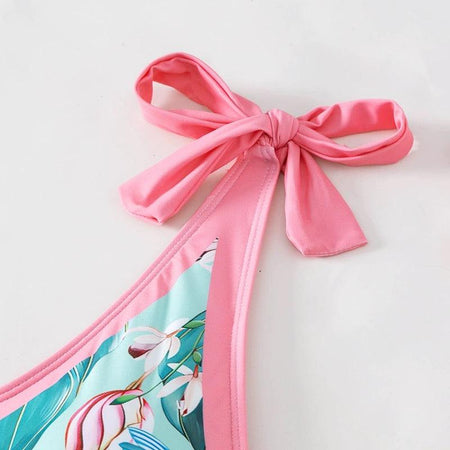 Plush Pink Swimsuit with Sarong - close-up of bow tie strap, pink - Miss Mosa By Akanksha