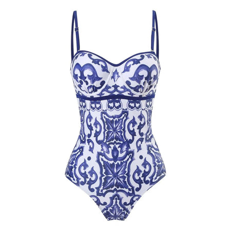 Porcelain One Pc Swimsuit In Blue - front shot on hanger, blue - Miss Mosa By Akanksha
