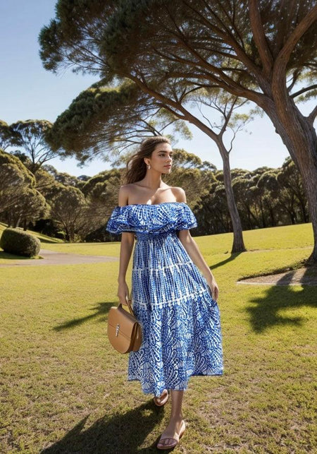Positano Luxe Summer Dress - full-length shot on model, blue - Miss Mosa By Akanksha