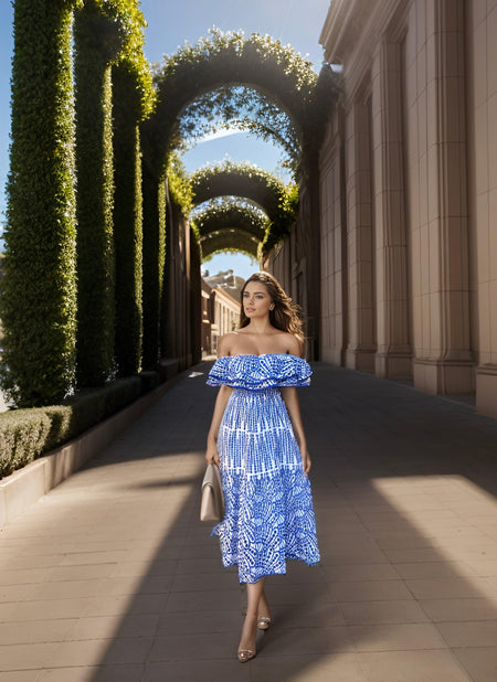 Positano Luxe Summer Dress - full-length shot on model, blue - Miss Mosa By Akanksha