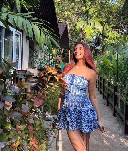 Praiano Luxe Summer Dress in Blue - lifestyle shot on model, blue - Miss Mosa By Akanksha