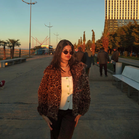 Premium Leopard Soft Fur Jacket - front shot on model outdoors, leopard print - Miss Mosa By Akanksha