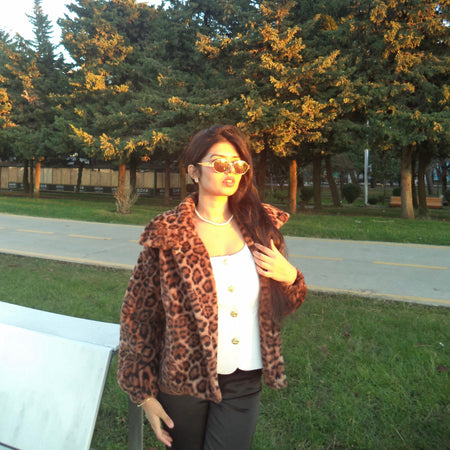 Premium Leopard Soft Fur Jacket - front shot on model outdoors, leopard print - Miss Mosa By Akanksha