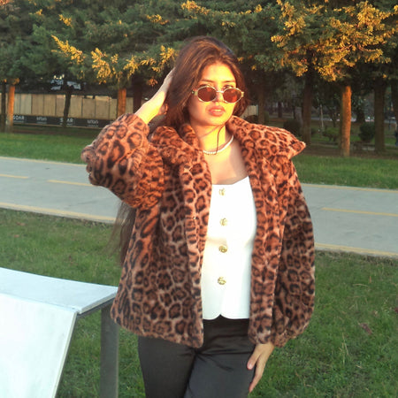 Premium Leopard Soft Fur Jacket - front shot on model outdoors, leopard print - Miss Mosa By Akanksha