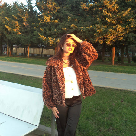 Premium Leopard Soft Fur Jacket - front shot on model outdoors, leopard print - Miss Mosa By Akanksha