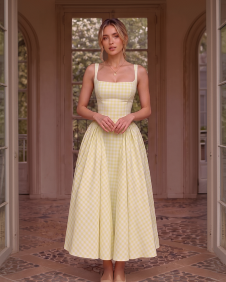 Pricillia Drop Waist Midi Dress - full-length shot, yellow and white gingham - Miss Mosa By Akanksha