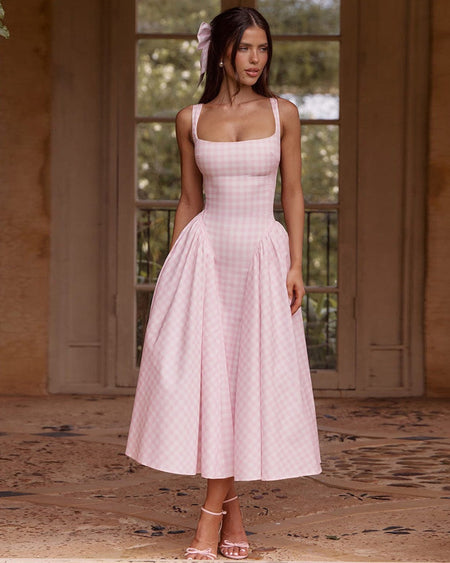 Pricillia Drop Waist Midi Dress - side shot, pink and white gingham - Miss Mosa By Akanksha