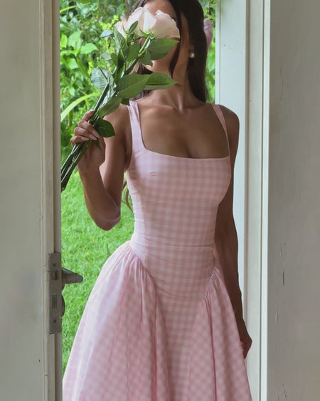 Pricillia Drop Waist Midi Dress - front shot, pink and white gingham - Miss Mosa By Akanksha