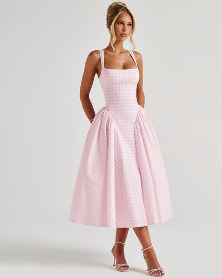 Pricillia Drop Waist Midi Dress - styled shot, pink and cream gingham - Miss Mosa By Akanksha