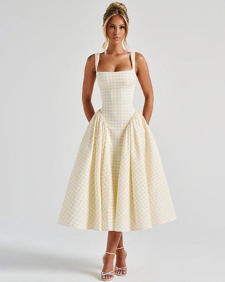 Pricillia Drop Waist Midi Dress - front shot, pink and white gingham - Miss Mosa By Akanksha