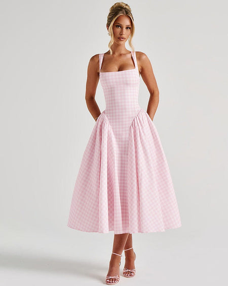 Pricillia Drop Waist Midi Dress - three-quarter shot, cream and white gingham - Miss Mosa By Akanksha