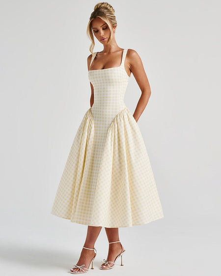 Pricillia Drop Waist Midi Dress - full-length shot, yellow and white gingham - Miss Mosa By Akanksha