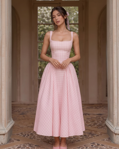 Pricillia Drop Waist Midi Dress - full-length shot, pink and white gingham - Miss Mosa By Akanksha