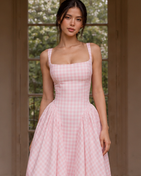 Pricillia Drop Waist Midi Dress - close-up shot, pink and white gingham - Miss Mosa By Akanksha