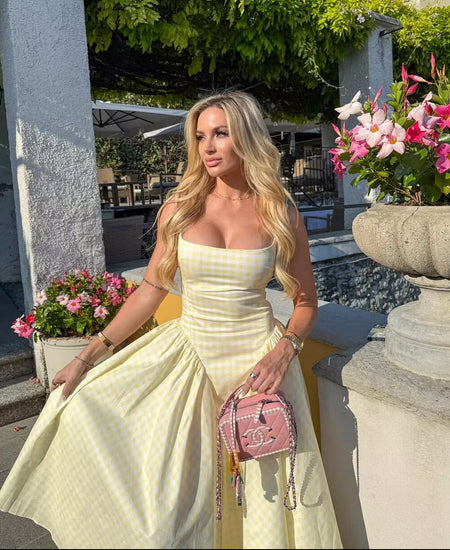 Pricillia Drop Waist Midi Dress - styled shot, pink and white gingham - Miss Mosa By Akanksha