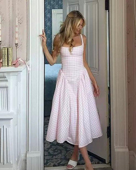 Pricillia Drop Waist Midi Dress - front shot, pink and white gingham - Miss Mosa By Akanksha