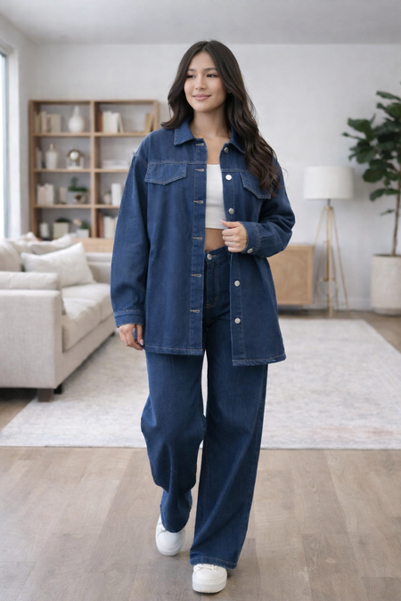 Prisca Luxe Denim Coord Set - front shot on model, navy blue - Miss Mosa By Akanksha