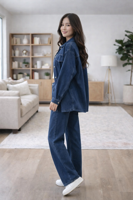 Prisca Luxe Denim Coord Set - side shot on model, navy blue - Miss Mosa By Akanksha