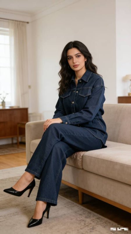 Prisca Luxe Denim Coord Set - front shot on model, navy blue - Miss Mosa By Akanksha