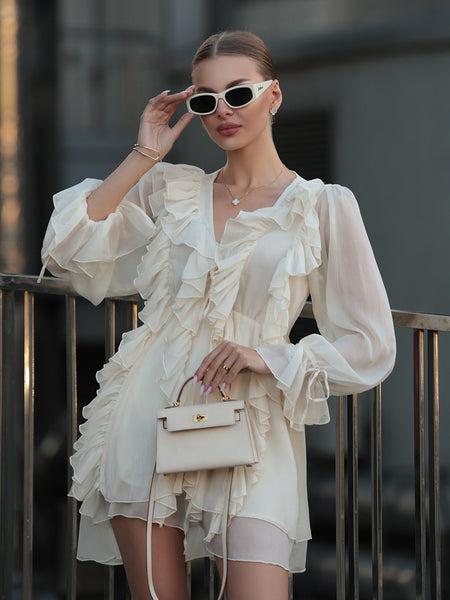 Prisca Mini Ruffle Dress - three-quarter shot, cream - Miss Mosa By Akanksha