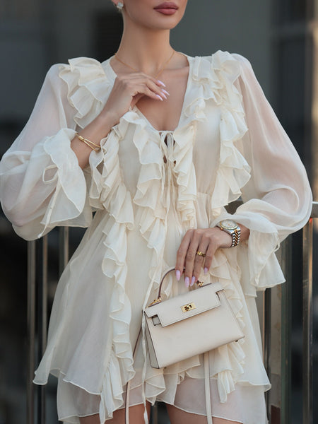 Prisca Mini Ruffle Dress - close-up shot, cream - Miss Mosa By Akanksha