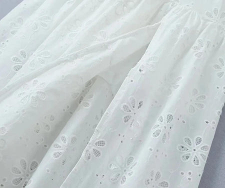 Raaya Summer Holiday Dress - close-up of eyelet skirt fabric, white - Miss Mosa By Akanksha
