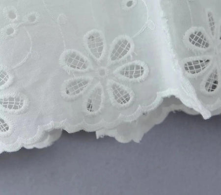 Raaya Summer Holiday Dress - close-up of eyelet hem detail, white - Miss Mosa By Akanksha