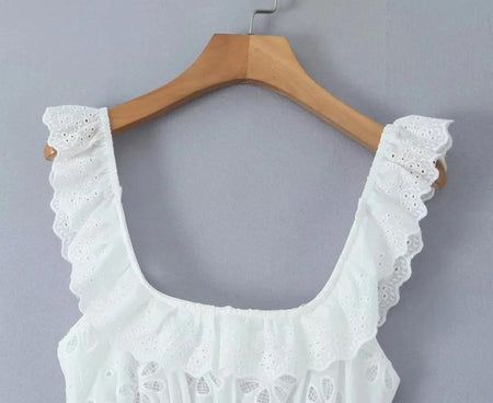 Raaya Summer Holiday Dress - close-up of ruffle straps on hanger, white - Miss Mosa By Akanksha