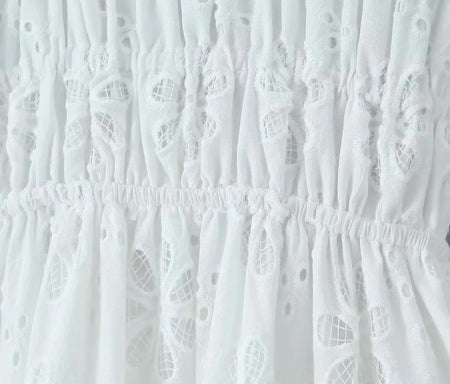 Raaya Summer Holiday Dress - close-up of shirred waist detail, white - Miss Mosa By Akanksha
