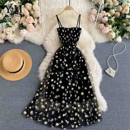 Rabia Printed Summer Midi Dress - flat-lay product shot of the daisy mesh dress, black and white daisy - Miss Mosa By Akanksha