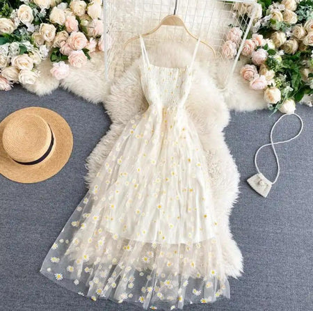 Rabia Printed Summer Midi Dress - flat-lay product shot of the daisy mesh dress on hanger, cream and white daisy - Miss Mosa By Akanksha
