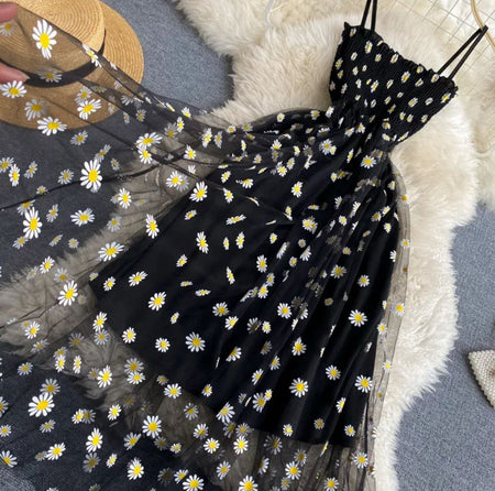 Rabia Printed Summer Midi Dress - flat-lay product shot of the daisy mesh dress, black and white daisy - Miss Mosa By Akanksha