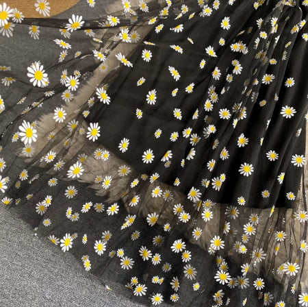 Rabia Printed Summer Midi Dress - close-up of the daisy mesh skirt fabric, black and white daisy - Miss Mosa By Akanksha