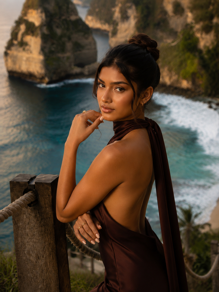 Rachel Halterneck Slit Maxi Dress - back detail shot, chocolate brown - Miss Mosa By Akanksha