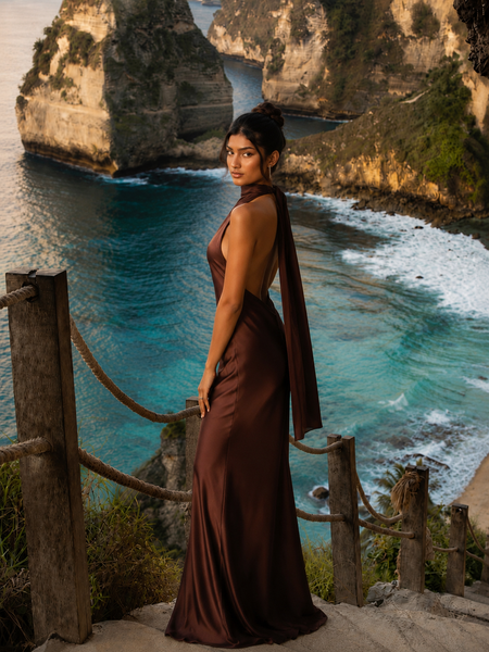 Rachel Halterneck Slit Maxi Dress - side shot, chocolate brown - Miss Mosa By Akanksha