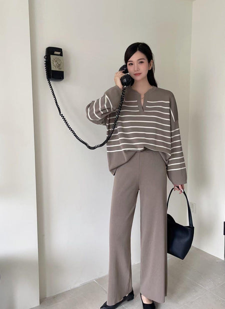 Rachel Striped Coord Set - full-length shot on model, brown - Miss Mosa By Akanksha